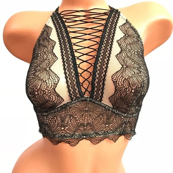 Victoria’s Secret Sexy lace up high neck bralette bra black Medium - Picture 2 of 6